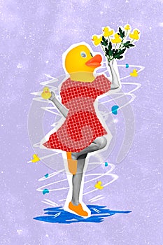 Creative poster collage of cute adorable woman rubber duck head dancing hold bouquet little duckies spring summer