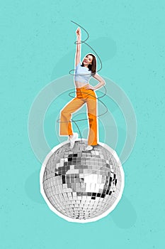 Creative poster collage of dancing energetic young woman gave fun disco ball party time youngster fantasy billboard
