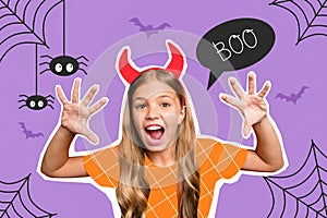 Creative poster collage of funny funky young small girl kid fake red demon horns scare claws roar frighten spider web