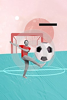 Creative poster collage of funny man playing football goalkeeper kick soccer ball weird freak bizarre unusual fantasy