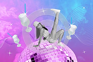 Creative poster collage of funny young female dance hip hop discoball vintage party cocktail freak bizarre unusual