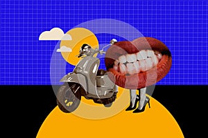 Creative poster collage of mouth woman legs high heels riding scooter motorcycle traveler adventure deliver comics zine