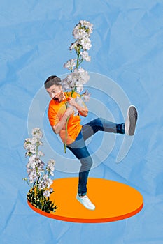 Creative poster collage of scared frightened young man looking spring bloom flowers bouquet bunch chlorophyll