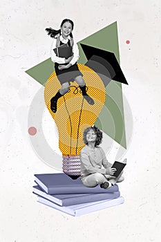 Creative poster collage of two friends little man woman study time read book sit light bulb isolated paint background
