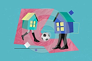 Creative poster collage of two funny houses playing football family have fun mortgage real estate billboard comics zine