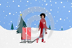 Creative poster collage of young teen child girl pull sledge deliver present box gift happy merry christmas new year