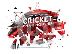 Creative poster or flyer design with cricket player in different playing action on abstract red background.