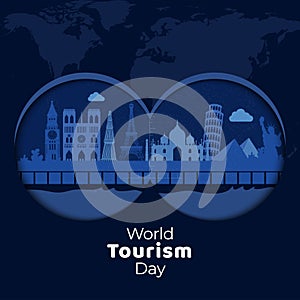 Creative poster or template design with famous monuments of world on blue background.