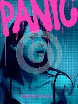 Creative poster with young scared woman's portrait made with monochrome halftone vintage effect and neoned lettering