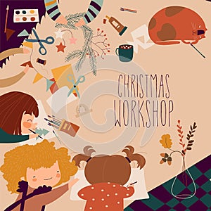Creative process with child painting and childrens handiwork. Christmas workshop