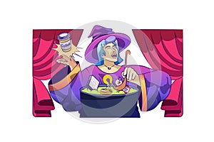 Creative process concept with people scene in flat cartoon design for web. Witch creates metaphor potion in cauldron, finds new
