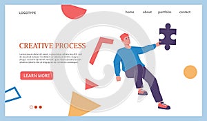 Creative process landing page. Business brainstorm. Businessman finding innovative idea. Website template. Man with