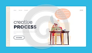 Creative Process Landing Page Template. Female Character Writer Or Poet Sitting At Desk With Inkwell, Feather Pen