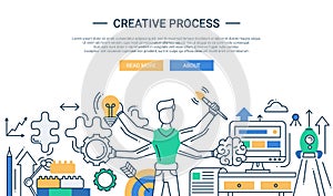 Creative process line design banner with many handed man