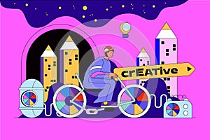 Creative process web concept with character scene. Man brainstorming, generates ideas and creating trendy art content. People