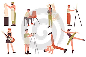 Creative profession artist people vector illustration set, cartoon flat artistic characters, art sculptor craftsman or