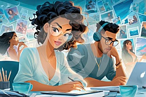 Creative professionals collaborating in a vibrant artistic environment