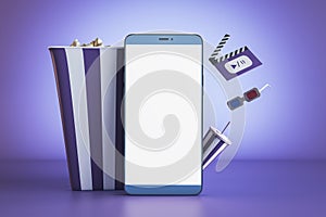Creative purple online movie theater background with mock up smartphone, pop corn and other items. Multimedia application service