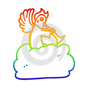 A creative rainbow gradient line drawing cartoon angel on cloud with trumpet