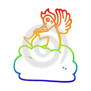 A creative rainbow gradient line drawing cartoon angel on cloud with trumpet