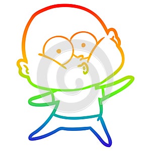 A creative rainbow gradient line drawing cartoon bald man staring
