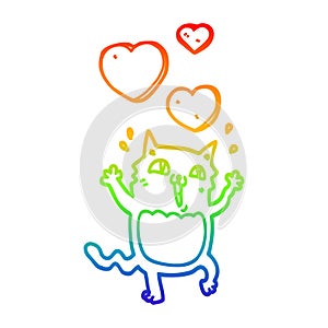 A creative rainbow gradient line drawing cartoon cat crazy in love