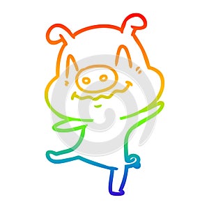 A creative rainbow gradient line drawing cartoon drunk pig