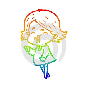 A creative rainbow gradient line drawing cartoon girl pulling face