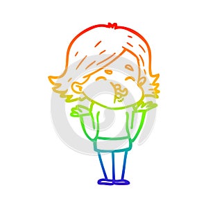 A creative rainbow gradient line drawing cartoon girl pulling face