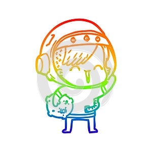 A creative rainbow gradient line drawing cartoon happy spacegirl holding moon rock