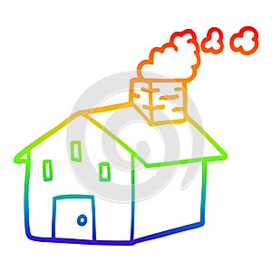 A creative rainbow gradient line drawing cartoon house with smoking chimney