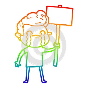 A creative rainbow gradient line drawing cartoon man crying holding sign