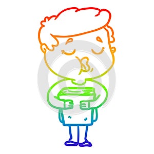 A creative rainbow gradient line drawing cartoon man holding book and singing