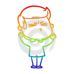 A creative rainbow gradient line drawing cartoon man sweating