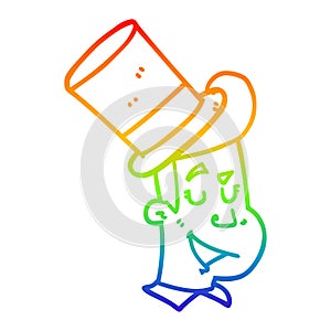 A creative rainbow gradient line drawing cartoon man wearing top hat