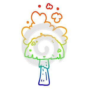 A creative rainbow gradient line drawing cartoon mushroom with spore cloud