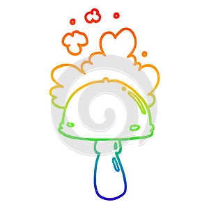 A creative rainbow gradient line drawing cartoon mushroom with spore cloud