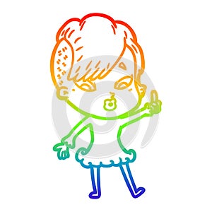 A creative rainbow gradient line drawing cartoon surprised girl pointing