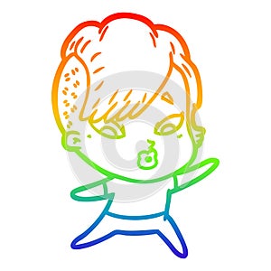 A creative rainbow gradient line drawing cartoon surprised girl pointing