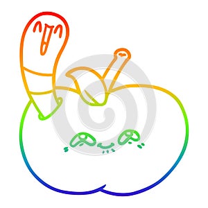 A creative rainbow gradient line drawing cartoon worm in happy apple