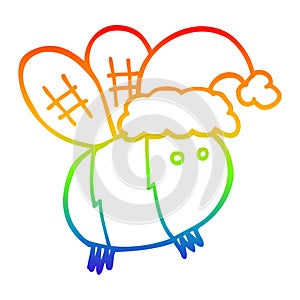 A creative rainbow gradient line drawing cute cartoon bee wearing christmas hat