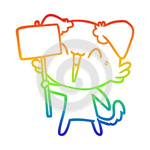 A creative rainbow gradient line drawing happy little cartoon dog holding sign