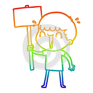 A creative rainbow gradient line drawing laughing cartoon man waving placard