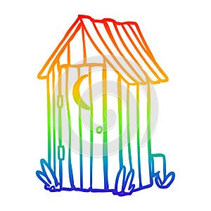 A creative rainbow gradient line drawing traditional outdoor toilet with crescent moon window