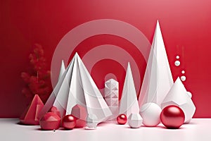 Creative red design of party background with Christmas tree. Poster, flyer, greeting card. AI generative