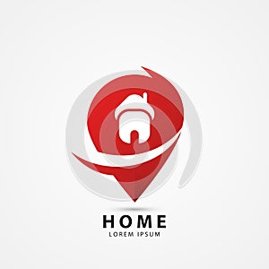 Creative red symbol. Map pointer house icon. Vector