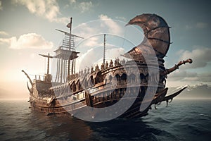 creative reimagining of viking ship, with steampunk-inspired design and modern elements