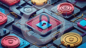 Intricate Cybersecurity Concept With Lock and Technological Patterns in Blue and Gold
