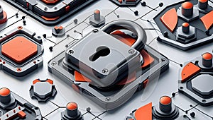 Intricate Cybersecurity Concept With Lock and Technological Patterns in Blue and Gold