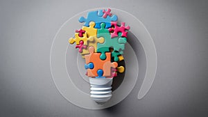A creative representation of a light bulb covered with colorful puzzle pieces, symbolizing the concept of problem-solving and